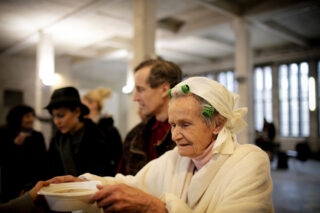 photo - Old Lady in Soup Kitchen Line