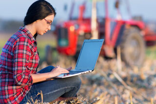 Photo of a woman on her laptop in a cornfield on a farm